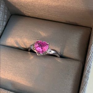 14k White Gold and Diamond Pink Heart Ring